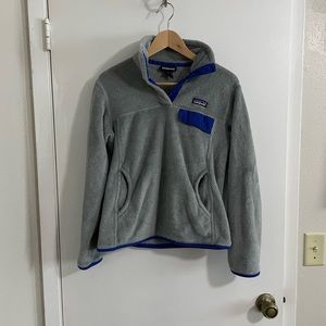 Patagonia Light Gray Fleece Pullover with Blue Trim